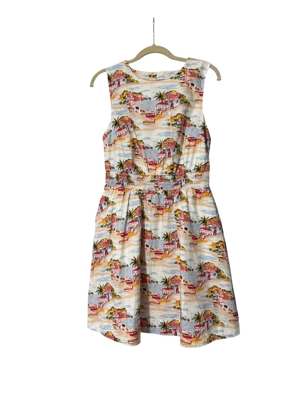 Boden Paradise Bay Smocked Waist Mini Dress Coastal Scenic Print Cotton US 6R - Picture 3 of 9